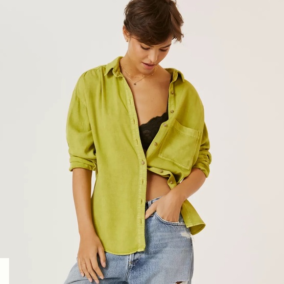 🔥Anthropologie x Pilcro The Bo Boyfriend Buttondown Lime Green Button-Up Shirt-S - Picture 1 of 12